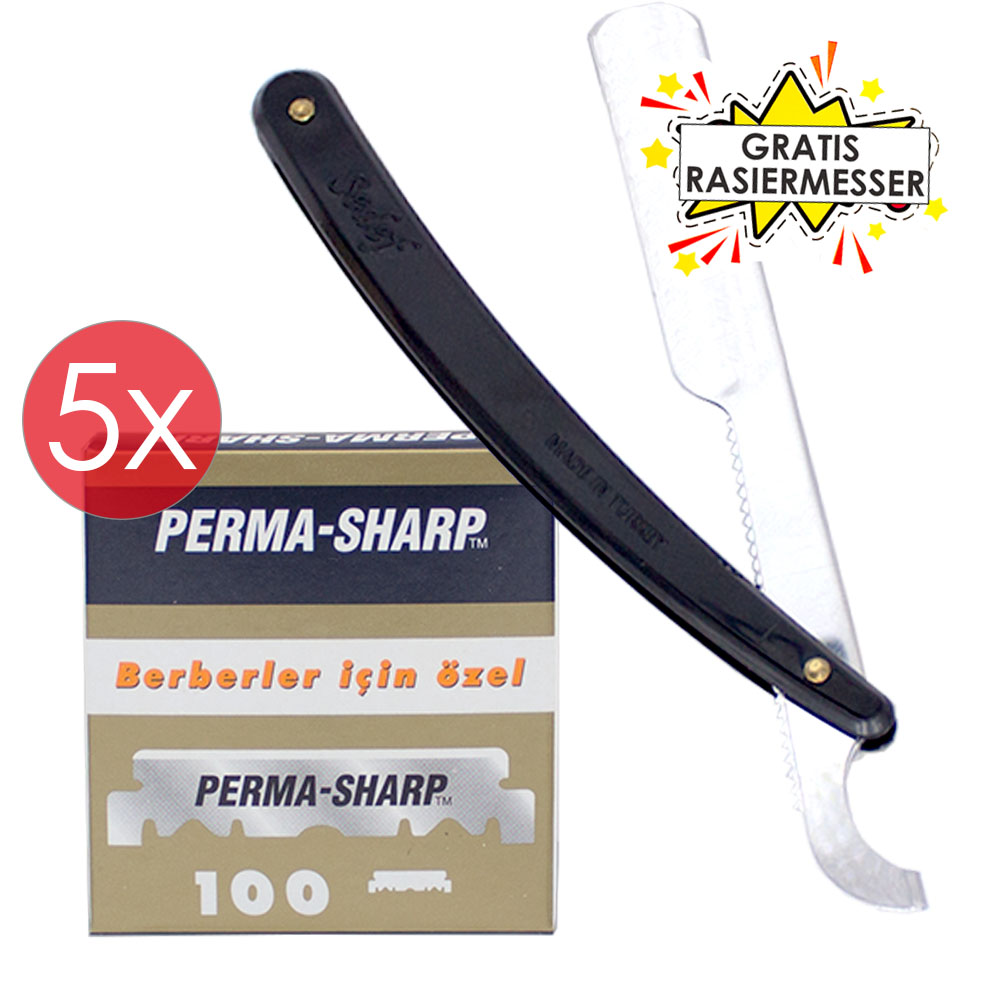 Perma Sharp Rasur Barbier 500 Stück einseitige Rasierklingen GRATIS Rasiermesser