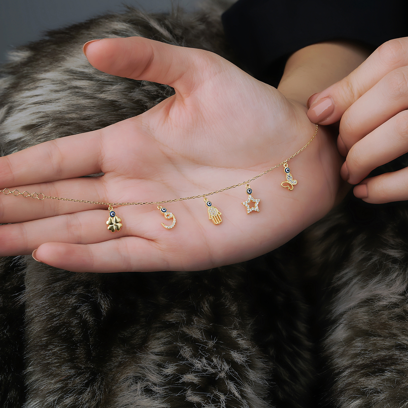 ALMIRA 925 Sterling Silber Glücksarmband verschiedene Symbole Anhänger Armband Nazar Auge Kleeblatt